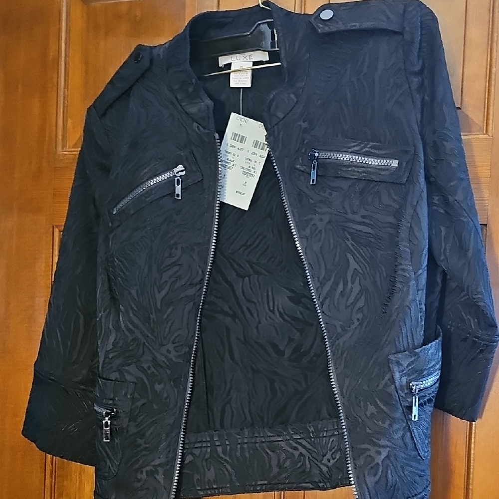 Luxe Textured Black Brocade Jacket with Zippers